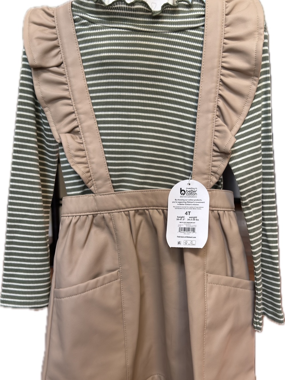 Wonder Nation Toddler Girl 4T Pinafore Beige Outfit Green Stripe Top Tights 3pc